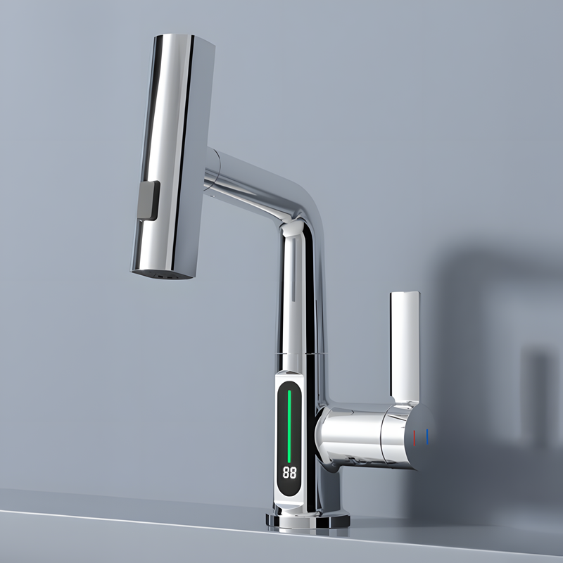 Smart Kitchen Faucet with LED Temperature Display - 360° Swivel & Pull-Out Sprayer