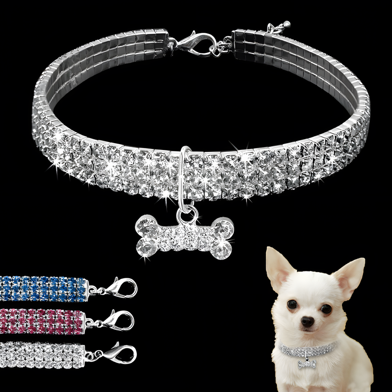 Luxury Rhinestone Dog Collar with Crystal Bone Pendant for Small to Medium Pets